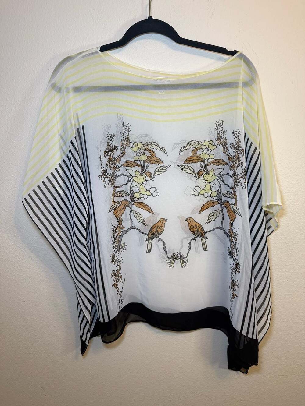 Bird and Floral Print Striped Poncho Blouse